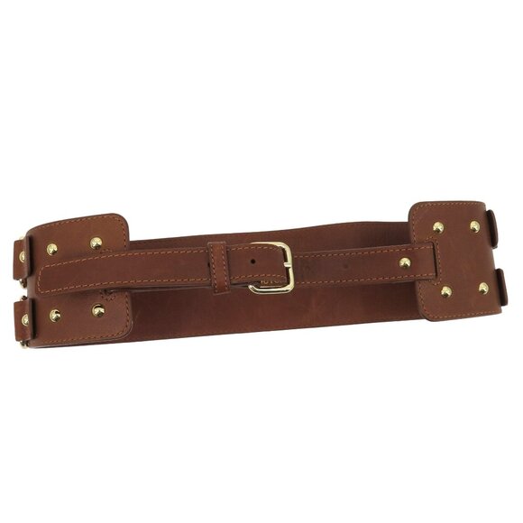 Y2K Juicy Couture Women Wide Brown Leather Gold D Ring Studded Corset Belt VTG main image 6